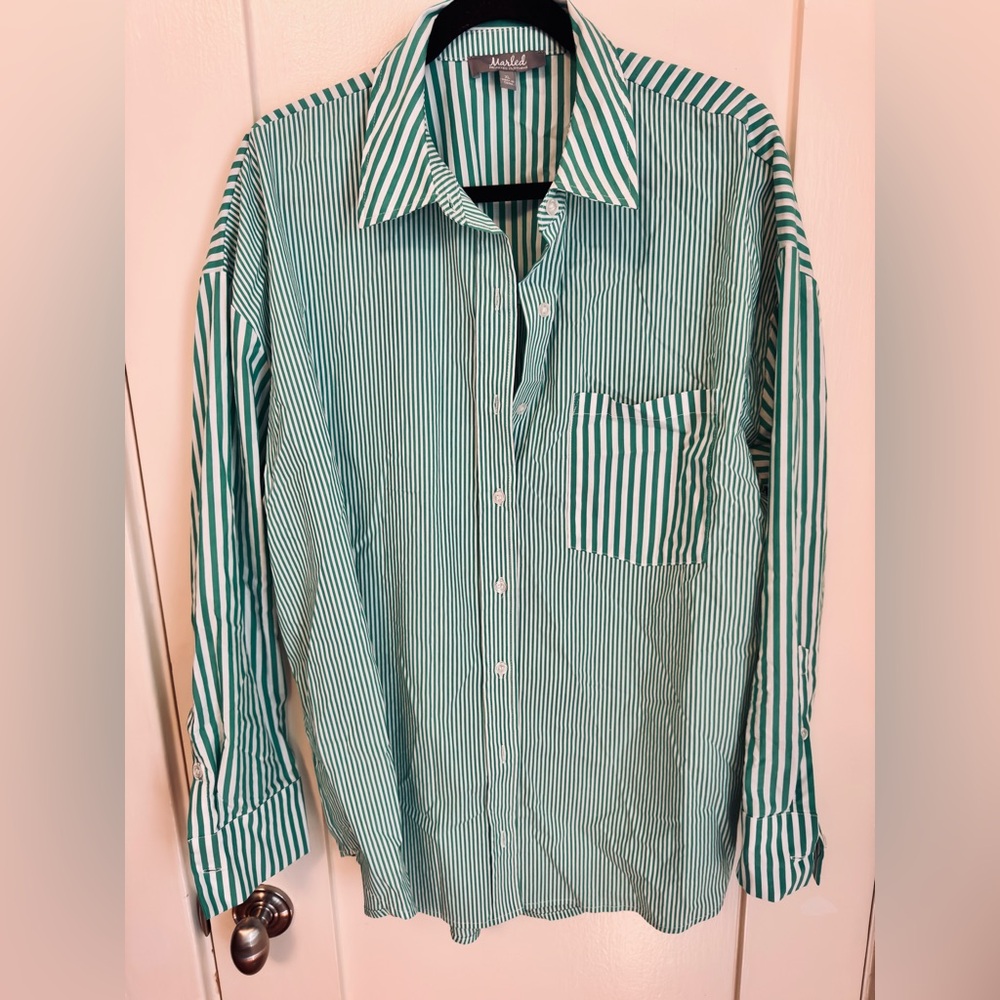 Mixed Stripe Oversized Button Up Xl Green/White - image 1
